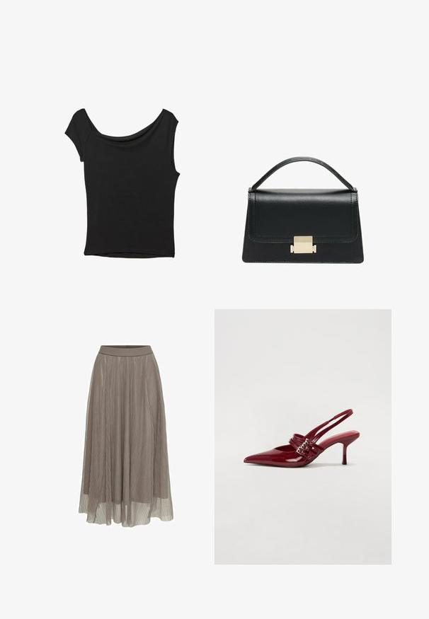 Črna kratka majica s kratkimi rokavi iz gladkega blaga; ima drapiran izrez in asimetrično spodnjo rob, s prilegnjenim telesom.; Pliseirana maksi krila v taupe barvi, z gladkim pasom in tekočo silhueto. Narejena iz lahkega, prozornega materiala z fino teksturo.; Rde lakirane sandalete na peto s ostrim nosom, dvema sponkami in tanko, srednje visokim peto središče. Gladka tekstura.; Črna usnjena torbica z strukturiranim dizajnom, zgornjim ročajem in zlate kovinske sponke na sprednji strani. Gladka tekstura, minimalno šivanje.