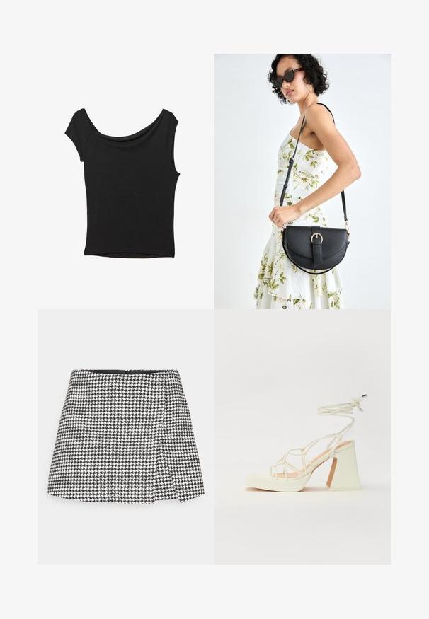 Svart kortärmad topp i slät tyg; har en draperad halsringning och asymmetrisk nederkant, med en figursydd kropp.; Svartvit houndstooth minikjol med rak skärning, sidodragkedjestängning och strukturerad tyg. Enkelt svart innerfoder.; Vit högklackad sandal med en kraftig klack, med ett remdesign och ankelband. Slät textur med en plattform framtill för ökad höjd.; Svart läderhandväska med en böjd form, avtagbar rem och guldiga detaljer. Väskan har ett lock med en spänndetalj.