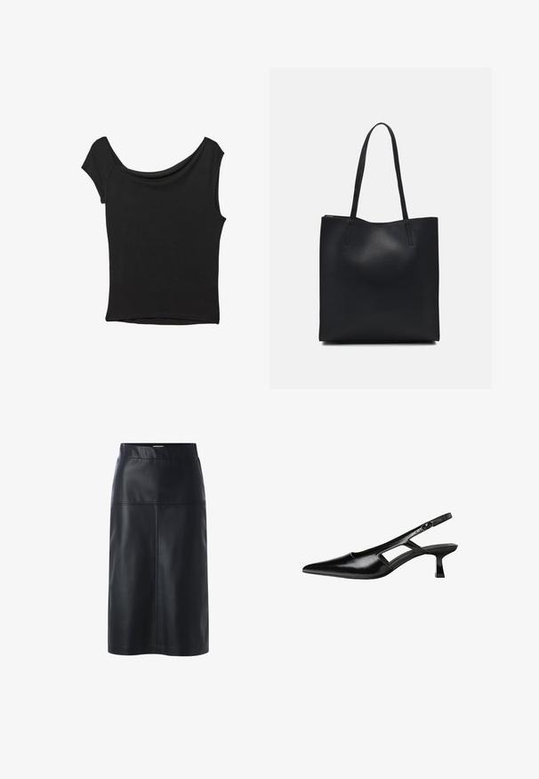 Top nero a maniche corte realizzato in tessuto liscio; presenta un colletto drappeggiato e un orlo asimmetrico, con una vestibilità aderente.; Gonna di pelle nera con silhouette dritta, caratterizzata da una texture liscia, vita alta e cuciture dettagliate sui pannelli frontali.; Tacchi slingback in pelle verniciata nera con punta affusolata, design con tagli laterali e tacco quadrato piccolo. Texture liscia con dettagli minimi.; Borsa tote in pelle nera con texture liscia, forma rettangolare e due manici lunghi. Nessun hardware o decorazione visibile.