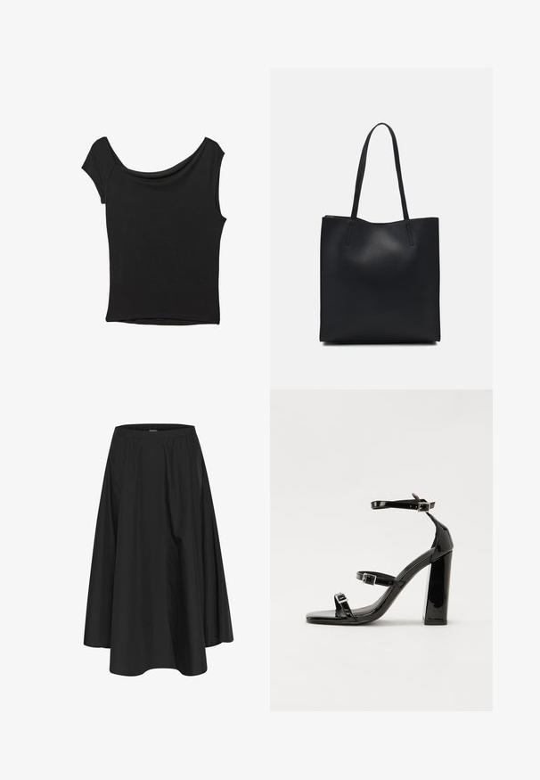 Črna kratka majica s kratkimi rokavi iz gladkega blaga; ima drapiran izrez in asimetrično spodnjo rob, s prilegnjenim telesom.; Črna krila do kolen z elastičnim pasom, ki vključuje nabore za volumen in gladko teksturo. Preprost, klasičen dizajn brez okrasitev.; Črne lakirane sandale s peto, kvadratnim prstom, trakovi okrog gležnja in srebrnimi zaponkami. Opremljene so s stabilno Debelo peto.; Črna usnjena torba s svilnato teksturo, pravokotne oblike in dvema dolgima ročajema. Brez vidnih metalnih delov ali okrasnih elementov.