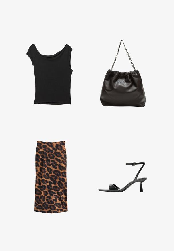 Black short-sleeve top made of smooth fabric; features a draped neckline and an asymmetrical hemline, with a fitted body.; Leopard print skirt featuring a brown and black pattern, smooth texture, ankle-length design, and a form-fitting silhouette.; Bershka High heeled sandals - black; Brown leather bag with a gathered top and a chain strap. Smooth texture with a glossy finish and subtle seam detailing on the sides.