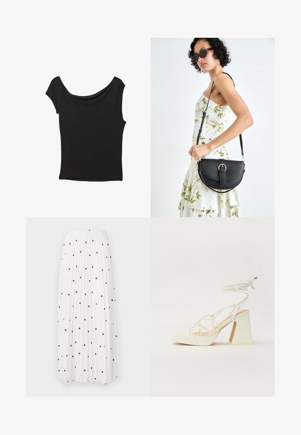 Zwart korte mouwen top gemaakt van een gladde stof; met een gedrapeerde halslijn en een asymmetrische zoom, met een getailleerd lijfje.; Witte geplooide maxi-jurk met zwarte stippen, met een soepele tailleband en vloeiende stof voor gemakkelijke beweging.; Witte hoge hakken sandaal met een chunky hak, met een bandjesontwerp en enkelband. Gladde textuur met een plateau voor extra hoogte.; Zwarte leren handtas met een gebogen vorm, afneembare schouderband en gouden hardware. De tas heeft een klep met een gespsluiting.