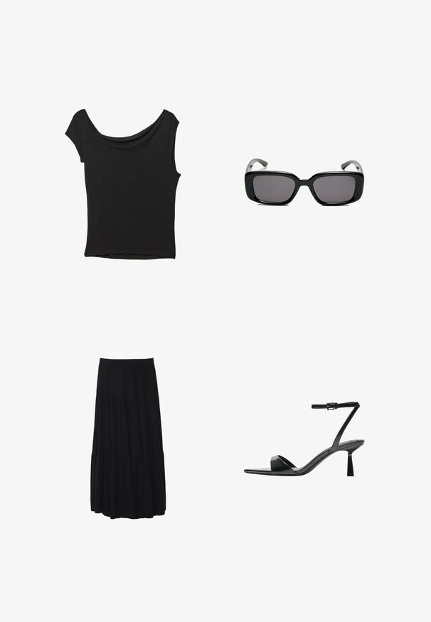 Čierny krátky rukáv top vyrobený z hladkej tkaniny; má prehnutý výstrih a asymetrický lem, s priliehavým telom.; Čierna midi sukňa s vrstvami a elastickým pásom, vyrobená z mäkkej tkaniny, s voľnou siluetou a hladkou textúrou.; Bershka Sandále na vysokom opätku - black; Čierne obdĺžnikové slnečné okuliare s tmavými sklami, hladkým plastovým rámom a zakrivenými stranami. Dizajn je robustný s minimalistickou estetikou.