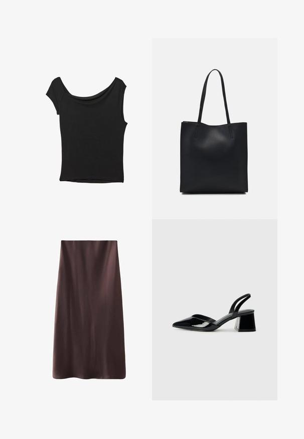 Černý krátký rukáv top vyrobený z hladké látky; má drapovaný výstřih a asymetrický lem, s přiléhavým střihem.; Hnědá midi sukně s hladkým, saténovým vzhledem. Jednoduchý design, rovný střih a olemované okraje pro čistý vzhled. Bez viditelných zapínání.; Černé lakované kožené lodičky na pásku s špičatou špičkou a geometrickým blokovým podpatkem. Vyznačují se elegantním, minimalistickým designem a hladkým povrchem.; Černá kožená taška přes rameno s hladkým povrchem, obdélníkovým tvarem a dvěma dlouhými uchy. Žádné viditelné kování ani ozdoby.
