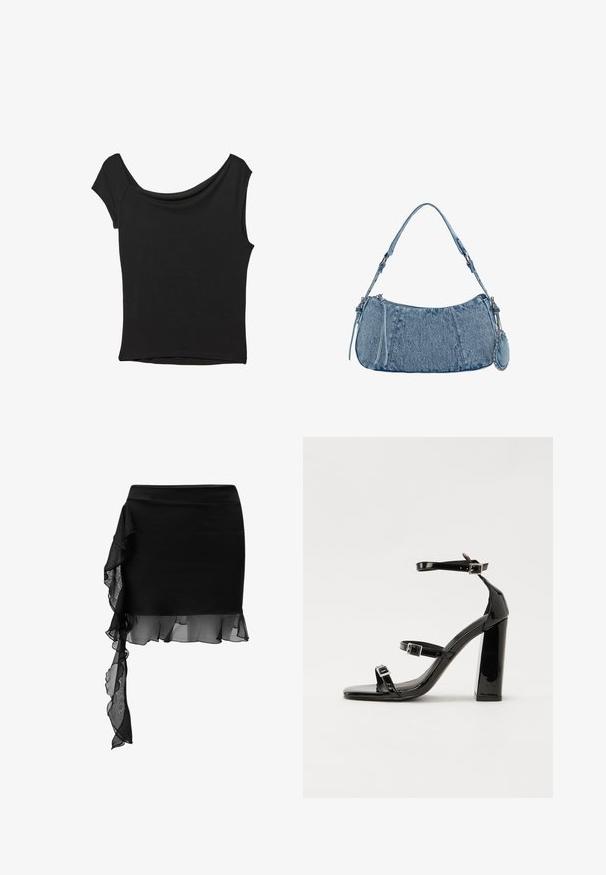 Sort kortærmet top lavet af glat stof; har en draperet halsudskæring og en asymmetrisk kant, med en tætsiddende pasform.; Sort nederdel med et tætsiddende design, der har et gennemsigtigt flæse-detalje, der asymmetrisk hænger fra taljen til kanten. Glat tekstur.; Sorte patenterede hælsandaler med firkantet tå, ankelremme og sølvspænder. Har en chunky blokHæl for stabilitet.; Denim håndtaske med buet form, lyseblå farve, justerbar skulderrem og en lille aftagelig pung med metalliske detaljer.