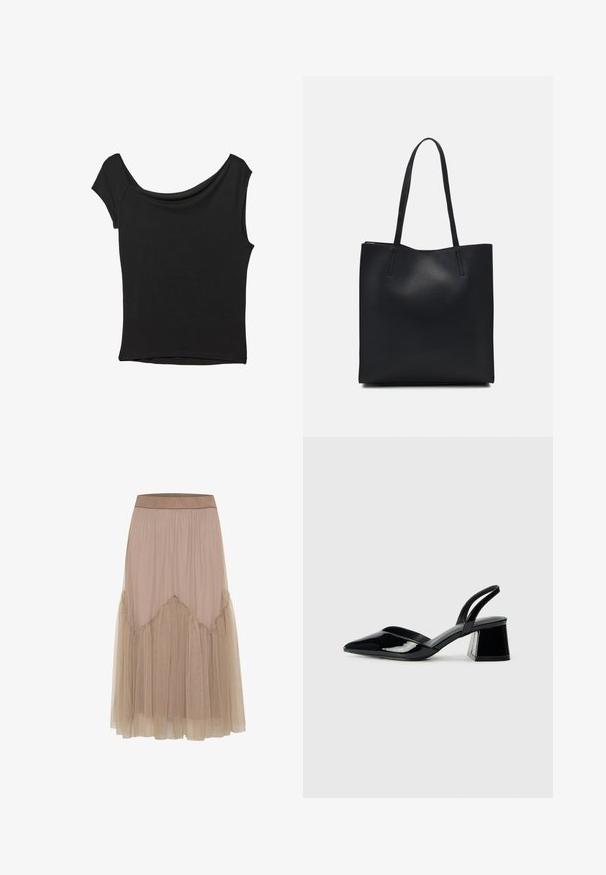 Svart kortärmad topp i slät tyg; har en draperad halsringning och asymmetrisk nederkant, med en figursydd kropp.; Lång beige kjol i ett mjukt, lättviktsmaterial. Tyllöverdraget har volangkanter som skapar en lagerstruktur och A-linjefigur.; Svarta lackläder slingback klackar med spetsig tå och geometrisk klack. Har en elegant, minimalistisk design och slät yta.; Svart lädertoffelväska med slät textur, rektangulär form och två långa handtag. Ingen synlig hårdvara eller dekorationer.
