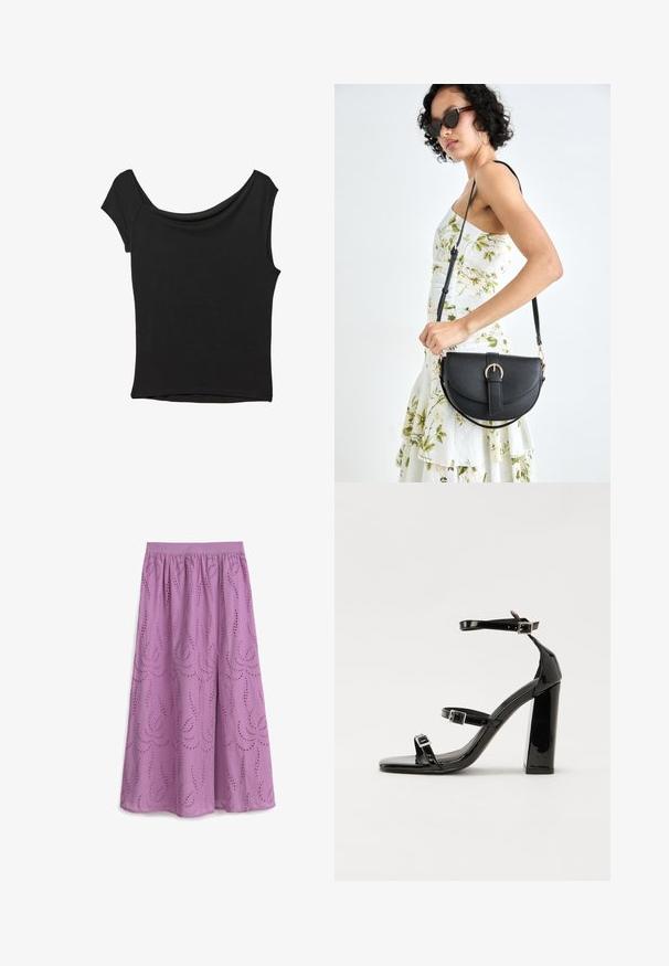Top nero a maniche corte realizzato in tessuto liscio; presenta un colletto drappeggiato e un orlo asimmetrico, con una vestibilità aderente.; Gonna maxi lilla con cintura elastica, caratterizzata da motivi ricamati a spirale e fori ad occhio per texture e traspirabilità.; Sandali con tacco in vernice nera, con punta squadrata, cinturini alla caviglia e fibbie in argento. Presentano un tacco a blocco spesso per maggiore stabilità.; Borsa a tracolla nera in pelle con una forma curva, manico rimovibile e accessori dorati. La borsa presenta una patta con un dettaglio a fibbia.