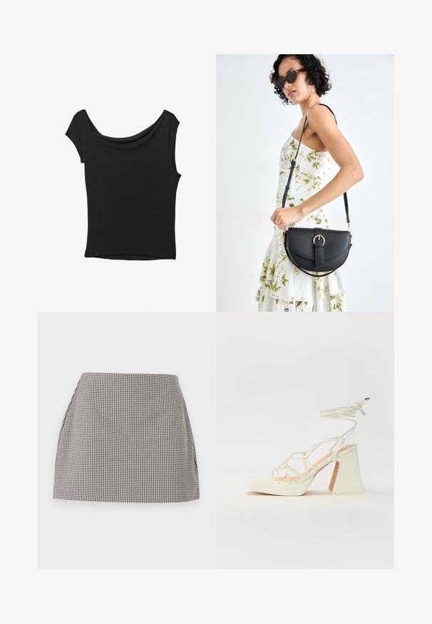 Schwarzes Kurzarmoberteil aus glattem Stoff; hat einen drapierten Ausschnitt und einen asymmetrischen Saum, mit einem figurbetonten Körper.; Schwarz-weißer Gingham-Rock mit geradem Schnitt, gepaarten Seiten und glatter Textur. Der Stoff weist ein kleines Karomuster auf.; Weiße High-Heel-Sandale mit einem klobigen Absatz, die über ein Riemchendesign und ein Knöchelband verfügt. Glatte Textur mit einer Plattform vorne für zusätzliche Höhe.; Schwarze Lederhandtasche mit geschwungener Form, abnehmbarem Tragegurt und goldenen Beschlägen. Die Tasche verfügt über einen Deckel mit einer Schnallen-Details.