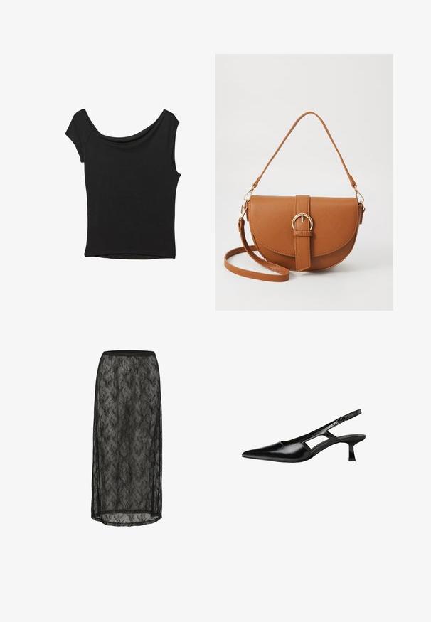 Schwarzes Kurzarmoberteil aus glattem Stoff; hat einen drapierten Ausschnitt und einen asymmetrischen Saum, mit einem figurbetonten Körper.; Schwarzer Spitzen-Midi-Rock mit floralem Muster, elastischem Bund und durchsichtigem Stoff mit seitlichen Schlitzen für zusätzlichen Detailreichtum und Bewegungsfreiheit.; Schwarze Lackleder-Slingback-High Heels mit spitzer Zehenform, ausgeschnittenem Seitendesign und kleinem Blockabsatz. Glatte Textur mit minimalen Akzenten.; Braune Leder-Crossbody-Tasche mit geschwungener Form, goldfarbenen Beschlägen und einer Schnallenakzentuierung. Verfügt über einen abnehmbaren Schultergurt.