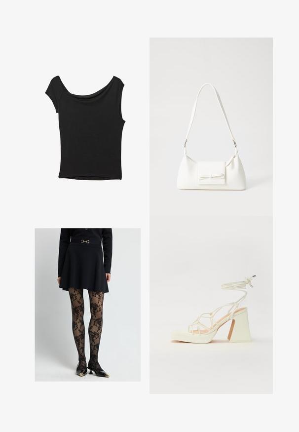 Svart kortärmad topp i slät tyg; har en draperad halsringning och asymmetrisk nederkant, med en figursydd kropp.; Svart kjol med utsvängd design, i kombination med genomskinliga svarta strumpbyxor med blommönster, samt svarta skor med spetsig tå och guldaccenter.; Vit högklackad sandal med en kraftig klack, med ett remdesign och ankelband. Slät textur med en plattform framtill för ökad höjd.; Vit syntetisk handväska med triangulär form, platt framklaff och rosettdetalj, justerbar rem, slät textur och minimalistisk design.