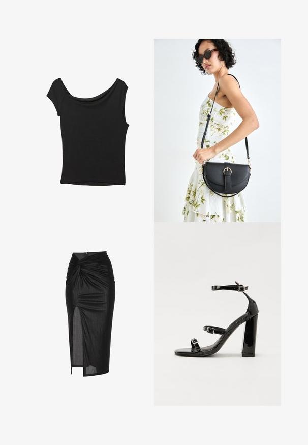 Schwarzes Kurzarmoberteil aus glattem Stoff; hat einen drapierten Ausschnitt und einen asymmetrischen Saum, mit einem figurbetonten Körper.; Schwarzer Midi-Rock aus dehnbarem Stoff, mit einem verdrehten Frontdesign, seitlichem Schlitz und Reißverschluss auf der Rückseite.; Schwarze patentierte Sandalen mit Absatz, quadratischer Spitze, Knöchelriemen und silbernen Schnallen. Mit einem stabilen Blockabsatz für mehr Stabilität.; Schwarze Lederhandtasche mit geschwungener Form, abnehmbarem Tragegurt und goldenen Beschlägen. Die Tasche verfügt über einen Deckel mit einer Schnallen-Details.