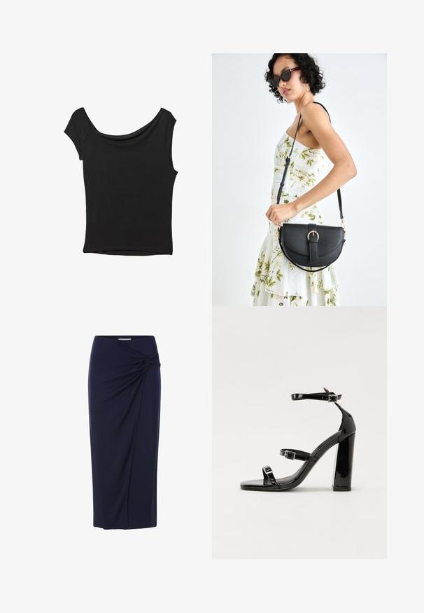Schwarzes Kurzarmoberteil aus glattem Stoff; hat einen drapierten Ausschnitt und einen asymmetrischen Saum, mit einem figurbetonten Körper.; Navyblaue Maxiröcke mit einem verdrehten Knotendetail an der Taille, aus glattem, dehnbarem Stoff gefertigt und mit einer geraden Silhouette.; Schwarze patentierte Sandalen mit Absatz, quadratischer Spitze, Knöchelriemen und silbernen Schnallen. Mit einem stabilen Blockabsatz für mehr Stabilität.; Schwarze Lederhandtasche mit geschwungener Form, abnehmbarem Tragegurt und goldenen Beschlägen. Die Tasche verfügt über einen Deckel mit einer Schnallen-Details.