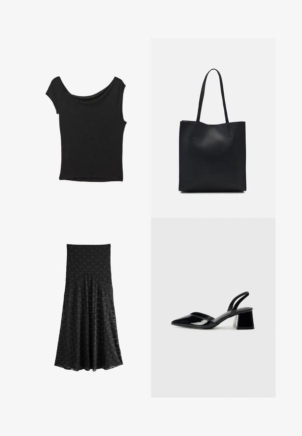 Sort kortærmet top lavet af glat stof; har en draperet halsudskæring og en asymmetrisk kant, med en tætsiddende pasform.; Next REGULAR FIT - Maxinederdele - black; Sorte patentlæder slingback hæle med spids tå og en geometrisk blok hæl. Har et elegant, minimalistisk design og en glat tekstur.; Sort læder tote taske med glat tekstur, rektangulær form og to lange hanke. Ingen synlig hardware eller udsmykninger.