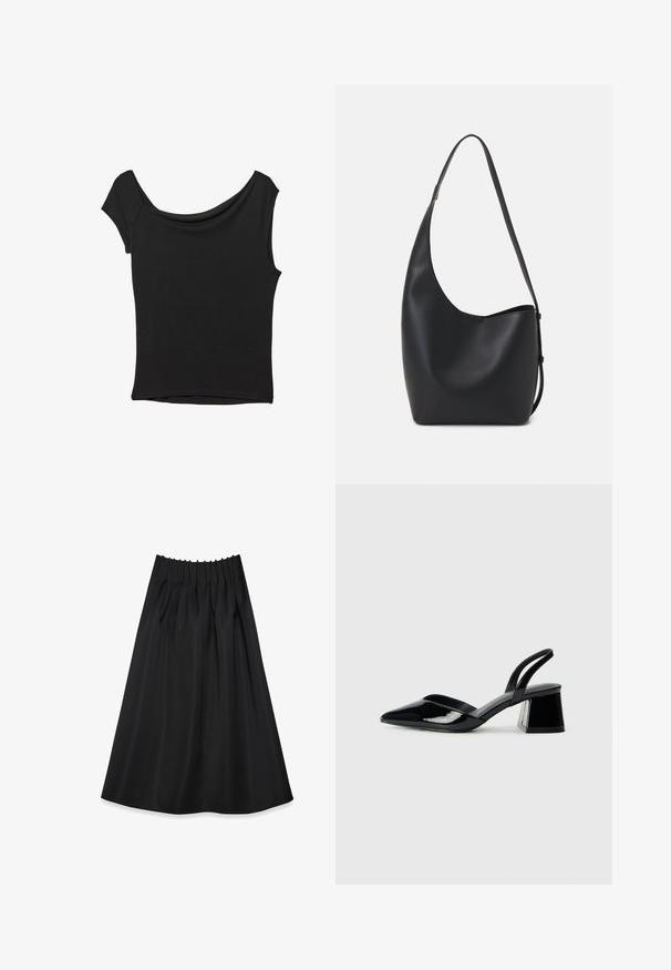 Čierny krátky rukáv top vyrobený z hladkej tkaniny; má prehnutý výstrih a asymetrický lem, s priliehavým telom.; Čierna sukňa vyrobená z hladkej tkaniny s elastickým pásom a záhybmi, so splývavým strihom, ktorý zasahuje do polovice lýtok.; Čierne lakované kožené sandálové podpätky s špicatou špičkou a geometrickým blokovým podpätkom. Disponujú elegantným, minimalistickým dizajnom a hladkým povrchom.; Čierna kožená hobo taška so hladkou textúrou, zakriveným tvarom a jedným nastaviteľným popruhom; má široké otvorenie na vrchu.