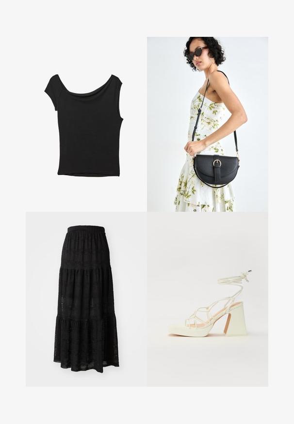 Zwart korte mouwen top gemaakt van een gladde stof; met een gedrapeerde halslijn en een asymmetrische zoom, met een getailleerd lijfje.; Zwarte maxi-jurk gemaakt van textuurstof, met een gelaagd ontwerp, een geraffineerde taille en subtiele golfpatronen door het geheel.; Witte hoge hakken sandaal met een chunky hak, met een bandjesontwerp en enkelband. Gladde textuur met een plateau voor extra hoogte.; Zwarte leren handtas met een gebogen vorm, afneembare schouderband en gouden hardware. De tas heeft een klep met een gespsluiting.