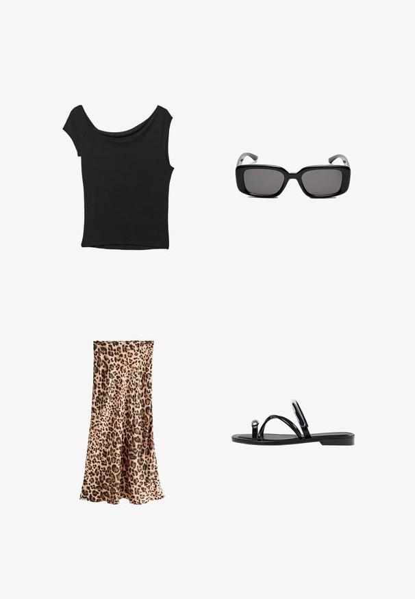 Black short-sleeve top made of smooth fabric; features a draped neckline and an asymmetrical hemline, with a fitted body.; Next PETITE FIT - Maxi skirt - leopard; Black flat sandals featuring a glossy finish, three thin straps, and a circular hardware detail at the toe. Sleek design with a minimal heel.; Black rectangular sunglasses with dark lenses, smooth plastic frame, and curved temples. The design is chunky with a minimalist aesthetic.