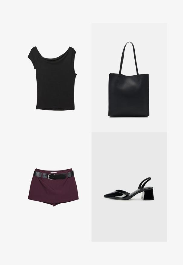 Sort kortærmet top lavet af glat stof; har en draperet halsudskæring og en asymmetrisk kant, med en tætsiddende pasform.; Bordeaux shorts med et sort læderbælte. Designet har en glat tekstur og en tætsiddende form, med et bredt bælte, der er sikret med en spænde.; Sorte patentlæder slingback hæle med spids tå og en geometrisk blok hæl. Har et elegant, minimalistisk design og en glat tekstur.; Sort læder tote taske med glat tekstur, rektangulær form og to lange hanke. Ingen synlig hardware eller udsmykninger.