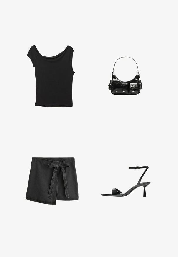 Svart kortärmad topp i slät tyg; har en draperad halsringning och asymmetrisk nederkant, med en figursydd kropp.; Svart denimwrapkjol med knytskärp, asymmetrisk fåll och en slät yta. Har sömnadsdetaljer längs kanterna.; Bershka Sandaletter - black; Svart lackläderhandväska med en rundad form, en axelrem, framfickor och detaljer i silverfärg.