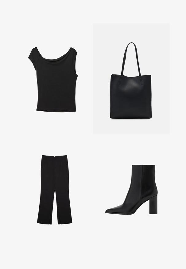 Czarna bluzka z krótkim rękawem, wykonana z gładkiego materiału; posiada dekolt w stylu drapowanym oraz asymetryczny dół, z dopasowanym krojem.; Czarne spodnie o prostym kroju, z przednimi kieszeniami i bocznymi rozcięciami na dole. Wykonane z miękkiego, gładkiego materiału. Odpowiednie na różne okazje.; Czarny skórzany botek za kostkę z ostrywnym noskiem, kwadratowym obcasem, gładką fakturą oraz detalami szycia wzdłuż szwów. Wysokość obcasów wynosi około 3,5 cala.; Czarna skórzana torba tote o gładkiej fakturze, prostokątnym kształcie i dwóch długich uchwytach. Brak widocznych elementów metalowych i ozdób.