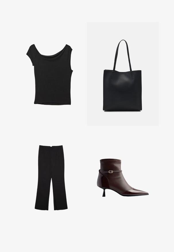 Schwarzes Kurzarmoberteil aus glattem Stoff; hat einen drapierten Ausschnitt und einen asymmetrischen Saum, mit einem figurbetonten Körper.; Schwarze Hose mit geradem Schnitt, ausgestattet mit Fronttaschen und Seitenschlitzen am Saum. Hergestellt aus weichem, glattem Stoff. Geeignet für verschiedene Anlässe.; Braune Lederstiefelette mit spitzer Zehe, kleinem Kittenheel und einem dünnen Riemen mit einer kleinen goldenen Schnalle um den Knöchel.; Schwarze Laptoptasche aus Leder mit glatter Textur, rechteckiger Form und zwei langen Griffen. Keine sichtbaren Beschläge oder Verzierungen.