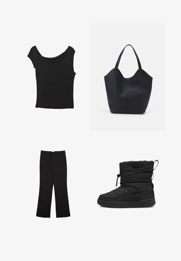 Czarna bluzka z krótkim rękawem, wykonana z gładkiego materiału; posiada dekolt w stylu drapowanym oraz asymetryczny dół, z dopasowanym krojem.; Czarne spodnie o prostym kroju, z przednimi kieszeniami i bocznymi rozcięciami na dole. Wykonane z miękkiego, gładkiego materiału. Odpowiednie na różne okazje.; Czarne ocieplane buty z pikowaną teksturą, z elastycznym zaciągiem, wyściełanym szczytem oraz gumową podeszwą z minimalistycznym logo.; Czarna torba na ramię wykonana z gładkiej skóry, z zaokrąglonym, otwartym topem i dwoma paskami na ramię oraz minimalistycznym designem.