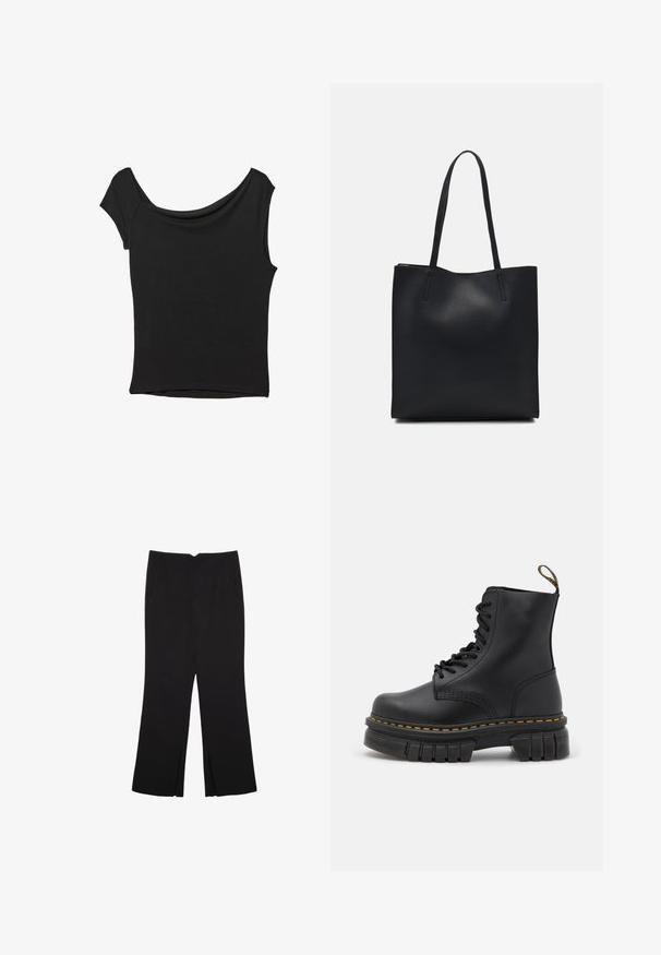 Top nero a maniche corte realizzato in tessuto liscio; presenta un colletto drappeggiato e un orlo asimmetrico, con una vestibilità aderente.; Pantaloni neri a gamba dritta, con tasche frontali e spacchi laterali all'orlo. Realizzati in tessuto morbido e liscio. Adatti a diverse occasioni.; Stivali neri in pelle con lacci, suola spessa, cuciture gialle, punta rotonda e una linguetta sul retro per indossarli facilmente.; Borsa tote in pelle nera con texture liscia, forma rettangolare e due manici lunghi. Nessun hardware o decorazione visibile.