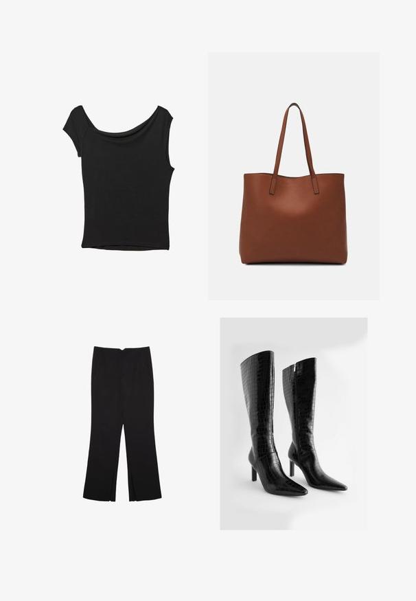 Schwarzes Kurzarmoberteil aus glattem Stoff; hat einen drapierten Ausschnitt und einen asymmetrischen Saum, mit einem figurbetonten Körper.; Schwarze Hose mit geradem Schnitt, ausgestattet mit Fronttaschen und Seitenschlitzen am Saum. Hergestellt aus weichem, glattem Stoff. Geeignet für verschiedene Anlässe.; Schwarze, kniehohe Stiefel aus Kunstleder mit Krokodilstruktur, spitzen Zehen und schmalem, hohen Absatz; verfügen über einen seitlichen Reißverschluss.; Braune Leder-Tote mit glatter Textur, offenem Oberteil und zwei Schulterriemen. Verfügt über minimale Nähte und keine sichtbaren Beschläge.