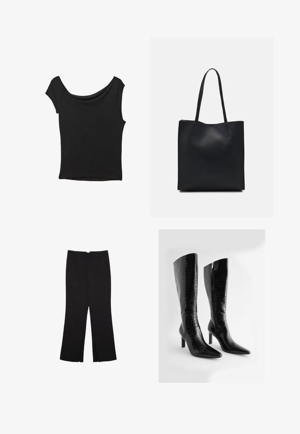 Černý krátký rukáv top vyrobený z hladké látky; má drapovaný výstřih a asymetrický lem, s přiléhavým střihem.; Černé kalhoty s rovným střihem, s předními kapsami a bočními rozparky na lemu. Vyrobené z jemné, hladké tkaniny. Vhodné na různé příležitosti.; Knee-high černé kožené boty z umělé kůže s krokodýlí texturou, špičatou špičkou a úzkým vysokým podpatkem; mají boční zip.; Černá kožená taška přes rameno s hladkým povrchem, obdélníkovým tvarem a dvěma dlouhými uchy. Žádné viditelné kování ani ozdoby.