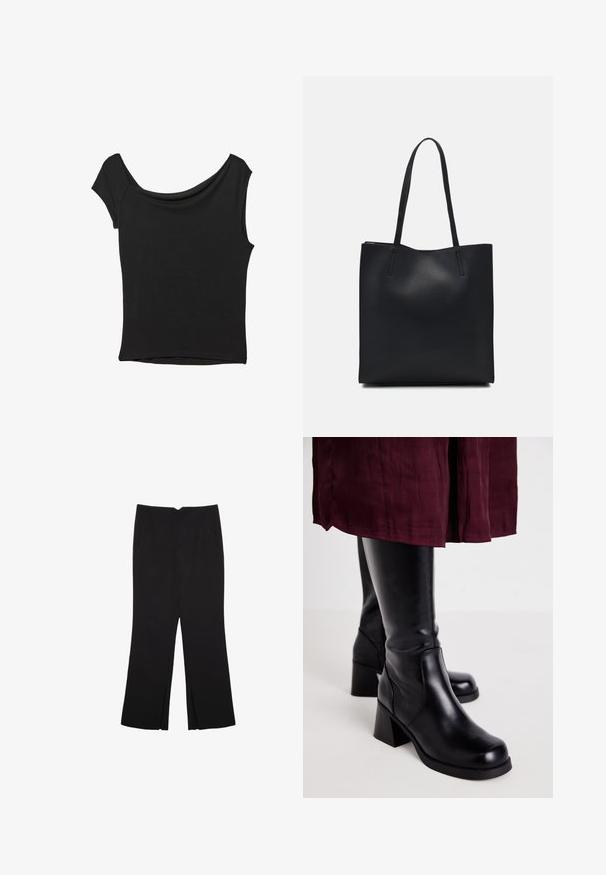 Černý krátký rukáv top vyrobený z hladké látky; má drapovaný výstřih a asymetrický lem, s přiléhavým střihem.; Černé kalhoty s rovným střihem, s předními kapsami a bočními rozparky na lemu. Vyrobené z jemné, hladké tkaniny. Vhodné na různé příležitosti.; Černé kozačky do poloviny lýtek s hladkým koženým povrchem, obdélníkovými blokovými podpatky a bočním švem, kombinované s bordó sukní.; Černá kožená taška přes rameno s hladkým povrchem, obdélníkovým tvarem a dvěma dlouhými uchy. Žádné viditelné kování ani ozdoby.