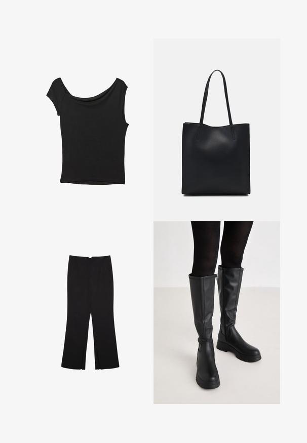 Czarna bluzka z krótkim rękawem, wykonana z gładkiego materiału; posiada dekolt w stylu drapowanym oraz asymetryczny dół, z dopasowanym krojem.; Czarne spodnie o prostym kroju, z przednimi kieszeniami i bocznymi rozcięciami na dole. Wykonane z miękkiego, gładkiego materiału. Odpowiednie na różne okazje.; Even&Odd - Kozaki na platformie; Czarna skórzana torba tote o gładkiej fakturze, prostokątnym kształcie i dwóch długich uchwytach. Brak widocznych elementów metalowych i ozdób.