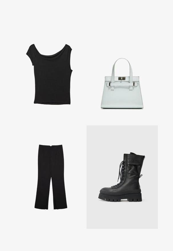 Črna kratka majica s kratkimi rokavi iz gladkega blaga; ima drapiran izrez in asimetrično spodnjo rob, s prilegnjenim telesom.; Črne hlače ravnega kroja z naglavnimi žepi in stranskimi razporki na robu. Narejene iz mehke, gladke tkanine. Primerne za različne priložnosti.; Črne usnjene vojaške čevlje z visokim delom, vezalkami spredaj, teksturiranimi detajli, debelim podplatom in šivanim okrasom. Imajo zadnji zavihak za lažje obuvanje.; Svetlo modra torbica z oblikovano zasnovo, dvema ročkama in kljuko iz srebrno-toniranega materiala. Teksturni material in ostri koti.