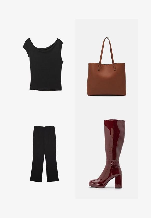 Črna kratka majica s kratkimi rokavi iz gladkega blaga; ima drapiran izrez in asimetrično spodnjo rob, s prilegnjenim telesom.; Črne hlače ravnega kroja z naglavnimi žepi in stranskimi razporki na robu. Narejene iz mehke, gladke tkanine. Primerne za različne priložnosti.; Even&Odd Wide Fit Škornji z visoko peto - red; Rjava usnjena torba z gladko teksturo, odprto zasnovo zgoraj in dvema naramnima trakovoma. Opremljena je z minimalnim šivanjem in brez vidnih kovinskih delov.