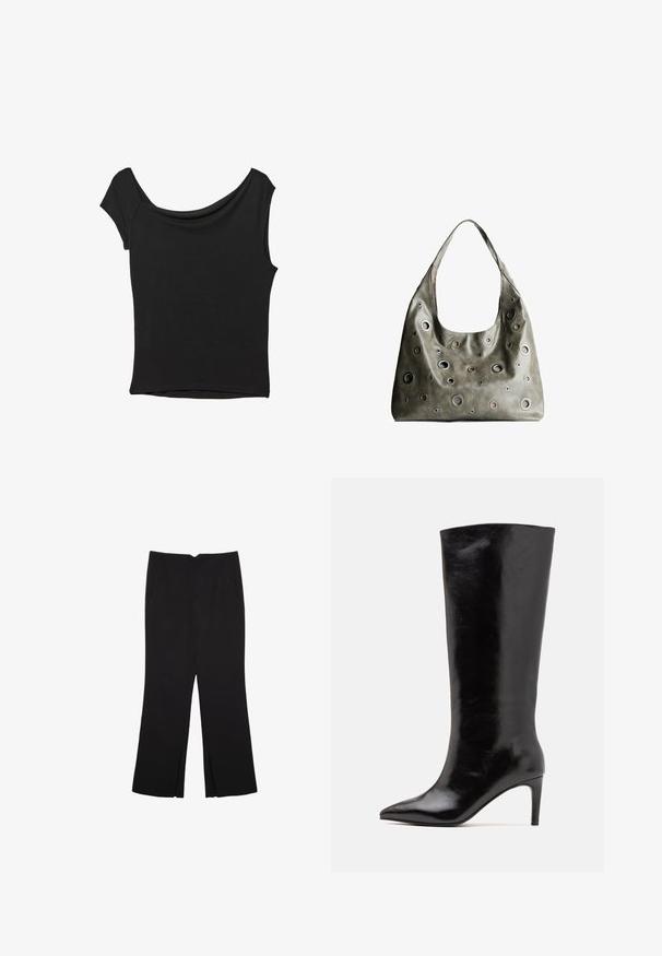 Schwarzes Kurzarmoberteil aus glattem Stoff; hat einen drapierten Ausschnitt und einen asymmetrischen Saum, mit einem figurbetonten Körper.; Schwarze Hose mit geradem Schnitt, ausgestattet mit Fronttaschen und Seitenschlitzen am Saum. Hergestellt aus weichem, glattem Stoff. Geeignet für verschiedene Anlässe.; Call it Spring RHODDE - High Heel Stiefel - black; Olivgrünes Lederhandtäschchen mit einem lässigen Design, das verschiedene runde Ausschnitte in unterschiedlichen Größen und Akzente in dunkleren und helleren Farbtönen aufweist.