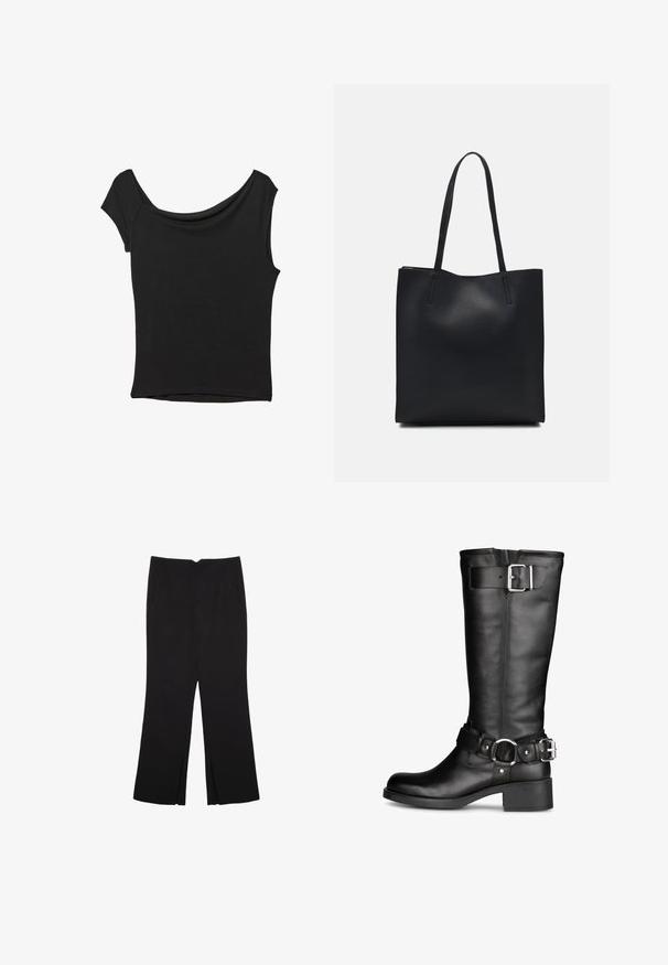 Top nero a maniche corte realizzato in tessuto liscio; presenta un colletto drappeggiato e un orlo asimmetrico, con una vestibilità aderente.; Pantaloni neri a gamba dritta, con tasche frontali e spacchi laterali all'orlo. Realizzati in tessuto morbido e liscio. Adatti a diverse occasioni.; Stivali neri in pelle al ginocchio con punta tonda, una elegante fascia con fibbia e tacco impilato. Texture liscia e dettagli di design minimi.; Borsa tote in pelle nera con texture liscia, forma rettangolare e due manici lunghi. Nessun hardware o decorazione visibile.