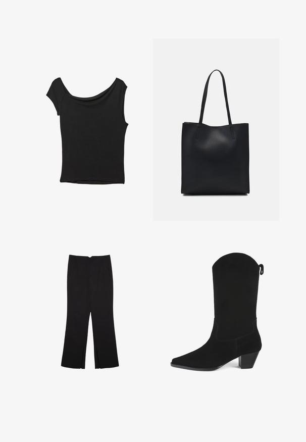 Schwarzes Kurzarmoberteil aus glattem Stoff; hat einen drapierten Ausschnitt und einen asymmetrischen Saum, mit einem figurbetonten Körper.; Schwarze Hose mit geradem Schnitt, ausgestattet mit Fronttaschen und Seitenschlitzen am Saum. Hergestellt aus weichem, glattem Stoff. Geeignet für verschiedene Anlässe.; Schwarze Wildleder-Cowboystiefel mit spitzer Zehenform, leichtem Absatz und gewelltem oberen Rand. Mit minimaler Nahtverarbeitung und einer Zuglasche hinten.; Schwarze Laptoptasche aus Leder mit glatter Textur, rechteckiger Form und zwei langen Griffen. Keine sichtbaren Beschläge oder Verzierungen.