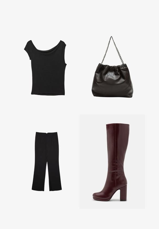 Black short-sleeve top made of smooth fabric; features a draped neckline and an asymmetrical hemline, with a fitted body.; Black trousers with a straight fit, featuring front pockets and side slits at the hem. Made of soft, smooth fabric. Suitable for various occasions.; Anna Field High heeled boots - red; Brown leather bag with a gathered top and a chain strap. Smooth texture with a glossy finish and subtle seam detailing on the sides.