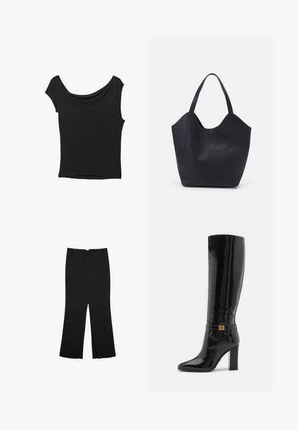 Črna kratka majica s kratkimi rokavi iz gladkega blaga; ima drapiran izrez in asimetrično spodnjo rob, s prilegnjenim telesom.; Črne hlače ravnega kroja z naglavnimi žepi in stranskimi razporki na robu. Narejene iz mehke, gladke tkanine. Primerne za različne priložnosti.; Črne lakirane čevlje do kolen z ožjim nosom, z zlatimi dodatki in masivnim peto. Gladka, sijoča površina z minimalnimi detajli.; Črna torba v obliki tote iz gladke usnjene površine, ki ima ukrivljen odprt vrh z dvema naramnicama in minimalističnim dizajnom.