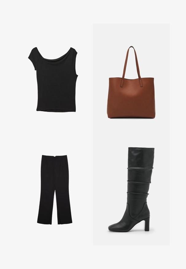 Czarna bluzka z krótkim rękawem, wykonana z gładkiego materiału; posiada dekolt w stylu drapowanym oraz asymetryczny dół, z dopasowanym krojem.; Czarne spodnie o prostym kroju, z przednimi kieszeniami i bocznymi rozcięciami na dole. Wykonane z miękkiego, gładkiego materiału. Odpowiednie na różne okazje.; s.Oliver Kozaki; Brązowa skórzana torba tote o gładkiej fakturze, z otwartym wierzchem i dwoma ramiączkami. Charakteryzuje się minimalnym przeszyciem i brakiem widocznych elementów metalowych.