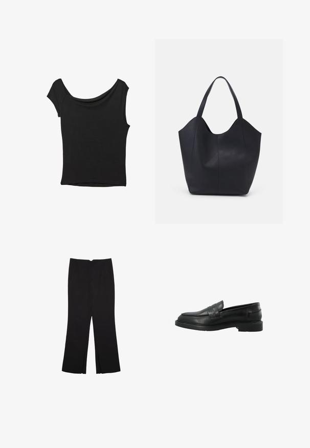 Czarna bluzka z krótkim rękawem, wykonana z gładkiego materiału; posiada dekolt w stylu drapowanym oraz asymetryczny dół, z dopasowanym krojem.; Czarne spodnie o prostym kroju, z przednimi kieszeniami i bocznymi rozcięciami na dole. Wykonane z miękkiego, gładkiego materiału. Odpowiednie na różne okazje.; Czarny skórzany loafers z okrągłym noskiem, z detalem w postaci paska z przodu oraz płaską gumową podeszwą. Gładka tekstura z minimalnymi akcentami szwów.; Czarna torba na ramię wykonana z gładkiej skóry, z zaokrąglonym, otwartym topem i dwoma paskami na ramię oraz minimalistycznym designem.