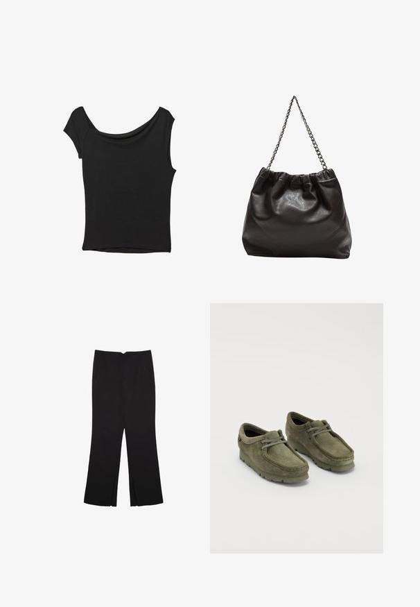 Schwarzes Kurzarmoberteil aus glattem Stoff; hat einen drapierten Ausschnitt und einen asymmetrischen Saum, mit einem figurbetonten Körper.; Schwarze Hose mit geradem Schnitt, ausgestattet mit Fronttaschen und Seitenschlitzen am Saum. Hergestellt aus weichem, glattem Stoff. Geeignet für verschiedene Anlässe.; Grüne Wildlederschuhe mit runder Zehenform und Schnürdesign. Sie haben eine dicke Gummisohle und gestickte Details entlang des Obermaterials.; Braune Lederhandtasche mit gerafftem Oberteil und Kettenriemen. Glatte Textur mit glänzendem Finish und subtilen Nahtdetails an den Seiten.