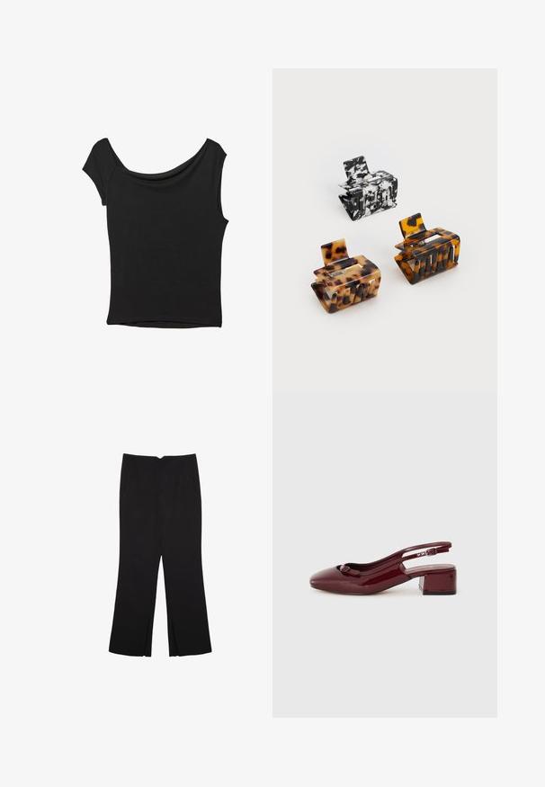 Top nero a maniche corte realizzato in tessuto liscio; presenta un colletto drappeggiato e un orlo asimmetrico, con una vestibilità aderente.; Pantaloni neri a gamba dritta, con tasche frontali e spacchi laterali all'orlo. Realizzati in tessuto morbido e liscio. Adatti a diverse occasioni.; Scarpa slingback in pelle verniciata bordeaux con punta quadrata, tacco a blocco basso e un dettaglio decorativo a fiocco sulla cinghia anteriore.; Tre fermagli per capelli: uno marmorizzato bianco e nero, due tartarugati in tonalità di marrone e nero, tutti realizzati in plastica lucida con una finitura strutturata.