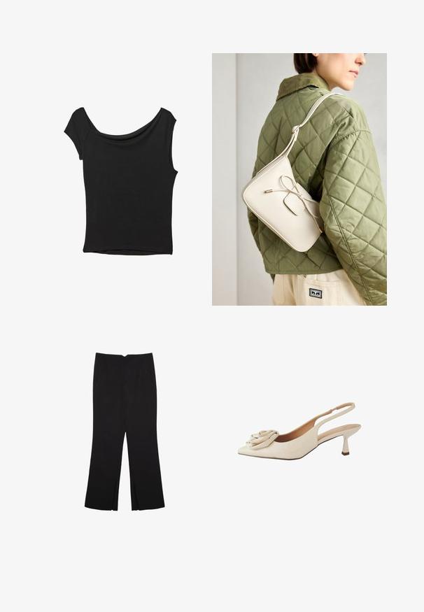 Schwarzes Kurzarmoberteil aus glattem Stoff; hat einen drapierten Ausschnitt und einen asymmetrischen Saum, mit einem figurbetonten Körper.; Schwarze Hose mit geradem Schnitt, ausgestattet mit Fronttaschen und Seitenschlitzen am Saum. Hergestellt aus weichem, glattem Stoff. Geeignet für verschiedene Anlässe.; Next FOREVER COMFORT CORSAGE SLINGBACK - Pumps - bone; Beige Leder Crossbody-Tasche mit einer Schleifendetail, goldenen Beschlägen und einem verstellbaren Tragegurt, getragen über einer grünen Steppjacke.