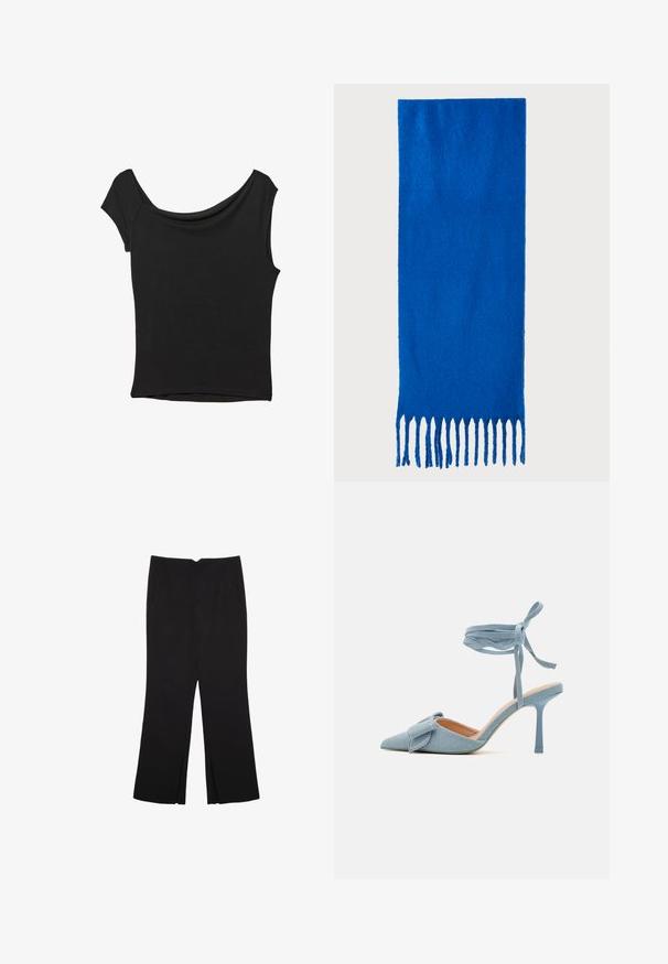 Črna kratka majica s kratkimi rokavi iz gladkega blaga; ima drapiran izrez in asimetrično spodnjo rob, s prilegnjenim telesom.; Črne hlače ravnega kroja z naglavnimi žepi in stranskimi razporki na robu. Narejene iz mehke, gladke tkanine. Primerne za različne priložnosti.; Visoke pete s izostrenim nosom v svetlo modrem blagu z teksturiranim videzom, ki vključuje poudarek z mašnjo in trak okoli gležnja za varno prileganje.; Modra šal s frinčo iz mehkega materiala; ima enotno barvo s teksturirano površino in enakomerno rezane frinče na dnu.