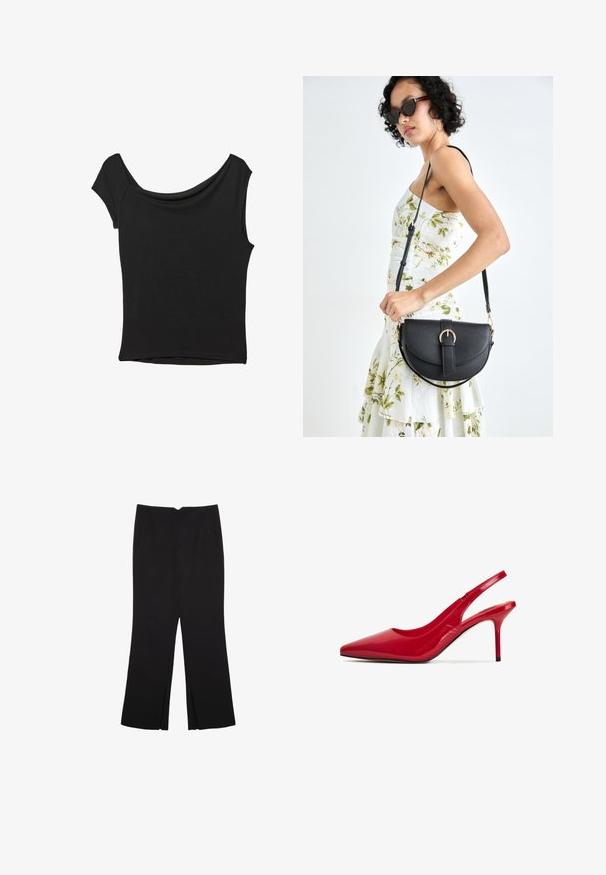 Haut noir à manches courtes en tissu lisse ; il présente un col drapé et un ourlet asymétrique, avec un corps ajusté.; Pantalon noir avec une coupe droite, doté de poches avant et d'éclairs sur l'ourlet. Fabriqué en tissu doux et lisse. Convient à diverses occasions.; Escarpin à talon aigu en cuir verni rouge avec un bout pointu et un talon fin. Le design présente une finition lisse et une silhouette minimaliste.; Sac à main en cuir noir avec une forme courbée, bandoulière amovible et des accessoires en or. Le sac est doté d'un rabat avec un détail de boucle.