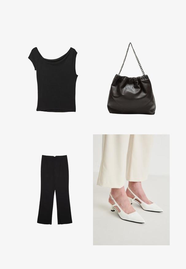 Črna kratka majica s kratkimi rokavi iz gladkega blaga; ima drapiran izrez in asimetrično spodnjo rob, s prilegnjenim telesom.; Črne hlače ravnega kroja z naglavnimi žepi in stranskimi razporki na robu. Narejene iz mehke, gladke tkanine. Primerne za različne priložnosti.; Bele ženske čevlje s konično oblikovano prstom in niskim blokom. Imajo izrezane stranske panele in nastavljiv gleženjski trak za varno prileganje.; Rjava usnjena torba z nabranim vrhom in verižnim trakom. Gladka tekstura z sijajno površino in subtilnimi šivi na straneh.
