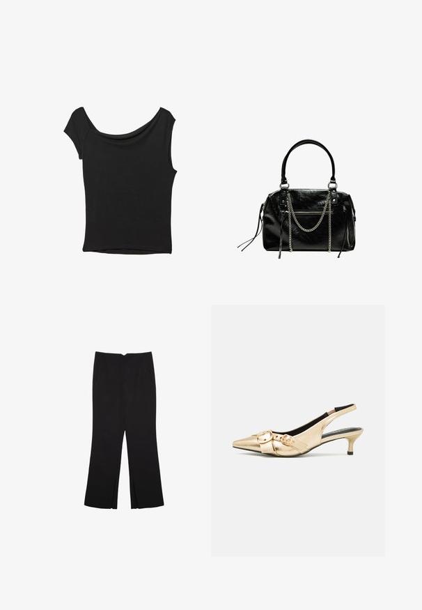 Črna kratka majica s kratkimi rokavi iz gladkega blaga; ima drapiran izrez in asimetrično spodnjo rob, s prilegnjenim telesom.; Črne hlače ravnega kroja z naglavnimi žepi in stranskimi razporki na robu. Narejene iz mehke, gladke tkanine. Primerne za različne priložnosti.; Zlate usnjene slingback pete s koničastim nosom, majhnim kitten peto in dvema okrasnima zaponkama na zgornjem delu. Gladka tekstura, eleganten dizajn.; Bershka WITH CHAIN - Torbica - black