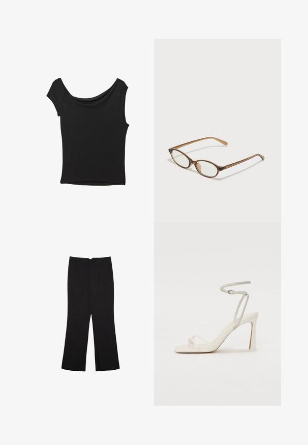 Svart kortärmad topp i slät tyg; har en draperad halsringning och asymmetrisk nederkant, med en figursydd kropp.; Svarta byxor med rak passform, utrustade med framfickor och sidoklyvningar vid fållen. Tillverkade av mjukt, slätt tyg. Lämpliga för olika tillfällen.; Vit klacksandal med en smal ankelrem och två framremmar. Slät lädertextur med fyrkantig tå och en glänsande klack.; Bruna sköldpaddsformade glasögon med ovala linser, tunna skalmar och transparanta detaljer. Innehåller en diskret logotyp på bågen. Snygg, lätt design.