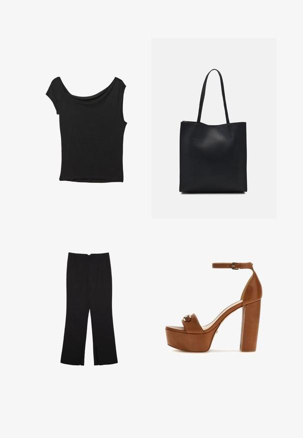 Černý krátký rukáv top vyrobený z hladké látky; má drapovaný výstřih a asymetrický lem, s přiléhavým střihem.; Černé kalhoty s rovným střihem, s předními kapsami a bočními rozparky na lemu. Vyrobené z jemné, hladké tkaniny. Vhodné na různé příležitosti.; Hnědé kožené sandály na vysokém podpatku s platformou, s páskem kolem kotníku, čtveratou špičkou a zlatými detaily. Pevný blokový podpatek.; Černá kožená taška přes rameno s hladkým povrchem, obdélníkovým tvarem a dvěma dlouhými uchy. Žádné viditelné kování ani ozdoby.