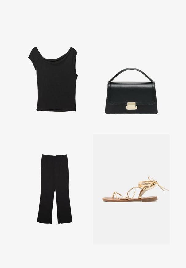 Čierny krátky rukáv top vyrobený z hladkej tkaniny; má prehnutý výstrih a asymetrický lem, s priliehavým telom.; Čierne nohavice so strihom rovného strihu, s prednými vreckami a bočnými rozparkami na leme. Vyrobené z mäkkej, hladkej tkaniny. Vhodné na rôzne príležitosti.; Zlaté metalické sandále majú štíhlu podrážku, dekoratívne popruhy a viazanie okolo členka. Chodidlová vložka je hnedá a má hladký povrch.; Čierna kožená kabelka so štruktúrovaným prevedením, horným madlom a detailom zlatého kovového uzáveru na prednej strane. Hladká textura, minimálne šitie.