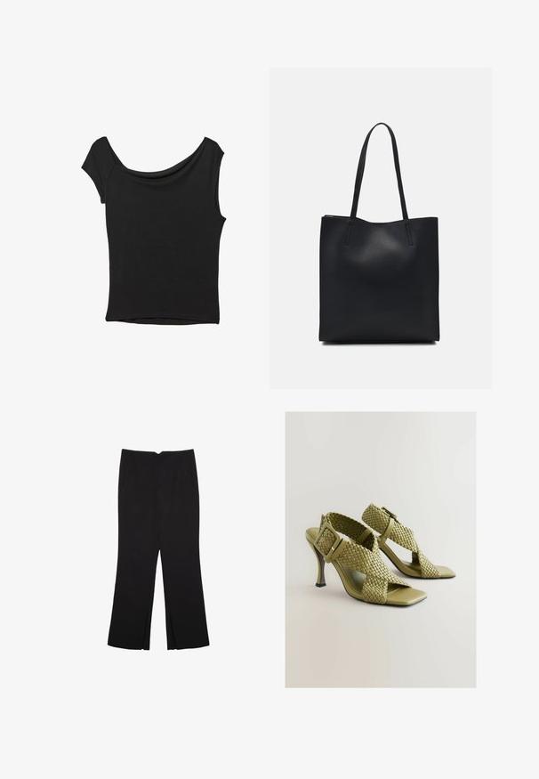 Schwarzes Kurzarmoberteil aus glattem Stoff; hat einen drapierten Ausschnitt und einen asymmetrischen Saum, mit einem figurbetonten Körper.; Schwarze Hose mit geradem Schnitt, ausgestattet mit Fronttaschen und Seitenschlitzen am Saum. Hergestellt aus weichem, glattem Stoff. Geeignet für verschiedene Anlässe.; Grüne, gewebte Absatzsandalen mit verstellbarem Schnallenverschluss, quadratischer offener Zehenpartie und glatter Sohle. Sie verfügen über einen eleganten, schlanken High Heel und strukturierte Riemen.; Schwarze Laptoptasche aus Leder mit glatter Textur, rechteckiger Form und zwei langen Griffen. Keine sichtbaren Beschläge oder Verzierungen.
